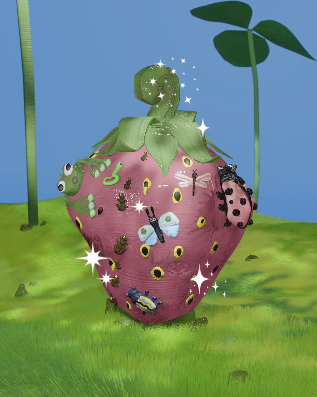 Cartoonish 3D looping animation of a decaying strawberry covered in bugs and creatures in a grassy field against a bright blue sky